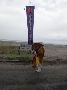 Prayer on the beach near a Japanese self-defense force missile testing site on the way to Higashi-dori Nuclear Plant on May 3, 2013
